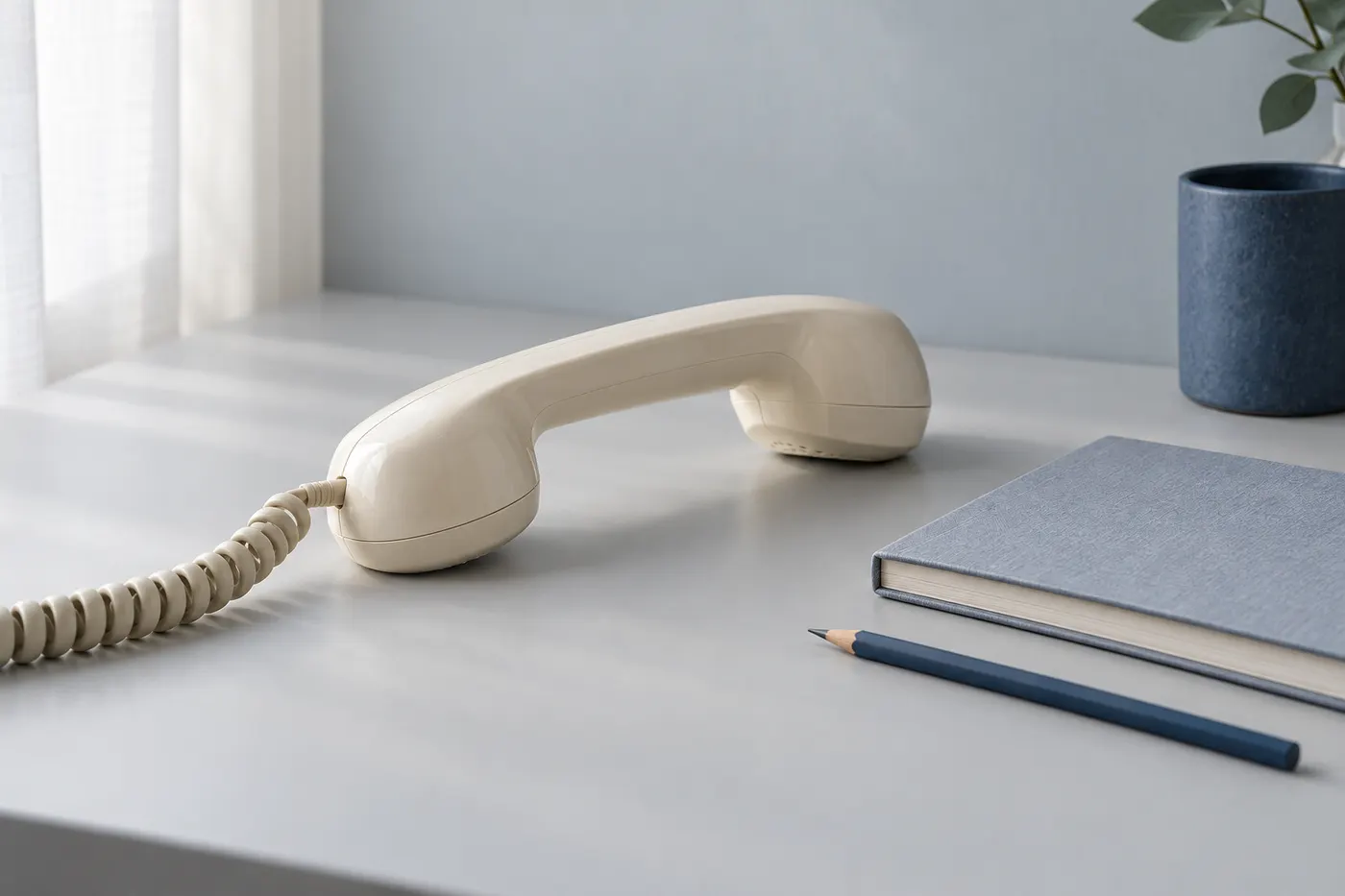 Régi, zsinóros telefonkagyló egy íróasztalon, mellette jegyzetfüzet és ceruza